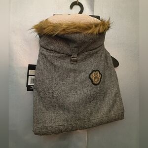 Gray Dog Coat with Faux Fur Trim